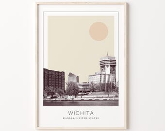 Stampa poster Wichita, poster di viaggio Wichita, arte murale minimalista Wichita, Wichita, Kansas, Stati Uniti