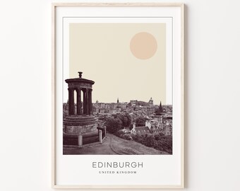 May include: A black and white photograph of Edinburgh, Scotland, with a view of the city from atop a hill. The photo features a monument with a dome and columns, and a large, pale yellow sun in the upper right corner. The text "EDINBURGH" and "UNITED KINGDOM" is printed below the image.