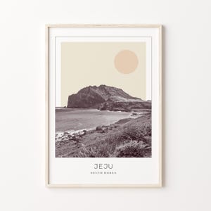Jeju-posterprint, Jeju-reisposter, Jeju-minimalistische muurkunst, Jeju-stad, Zuid-Korea