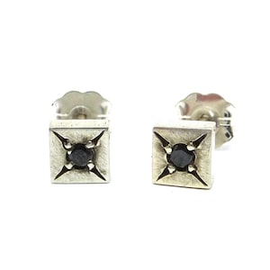 Star Set Black Diamond Silver Square Studs- unisex