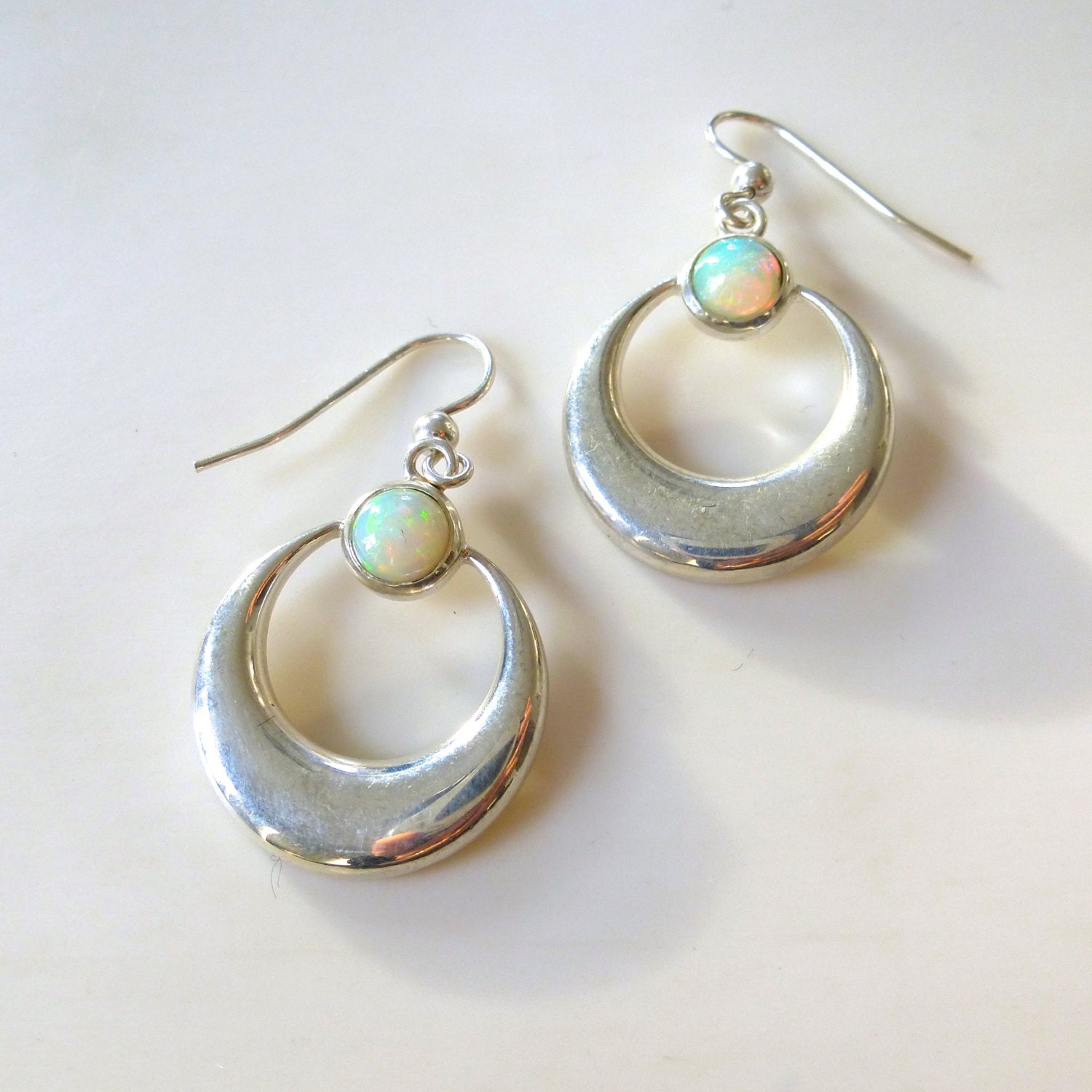 Sterling Silver Crescent Moon Earrings with Opals