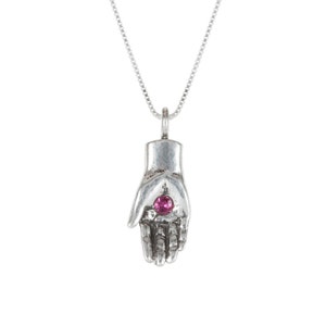 Open Hand Necklace- Sterling Silver Handcarved Hand with a Ruby, Sapphire or Emerald- Protection Necklace