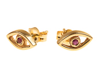 14k Gold Evil Eye Stud Earrings with Rubies