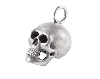 May include: A silver skull charm with a loop at the top for attaching to a necklace or bracelet.