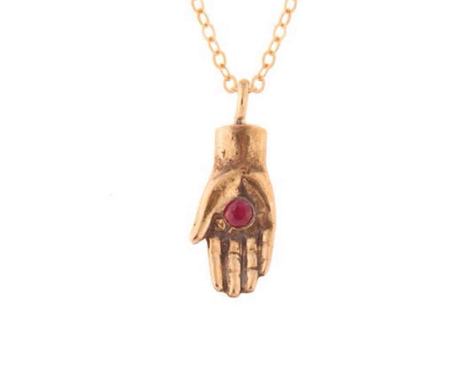 Hamsa Necklace- Handcarved Hand with a Ruby- Protection Necklace