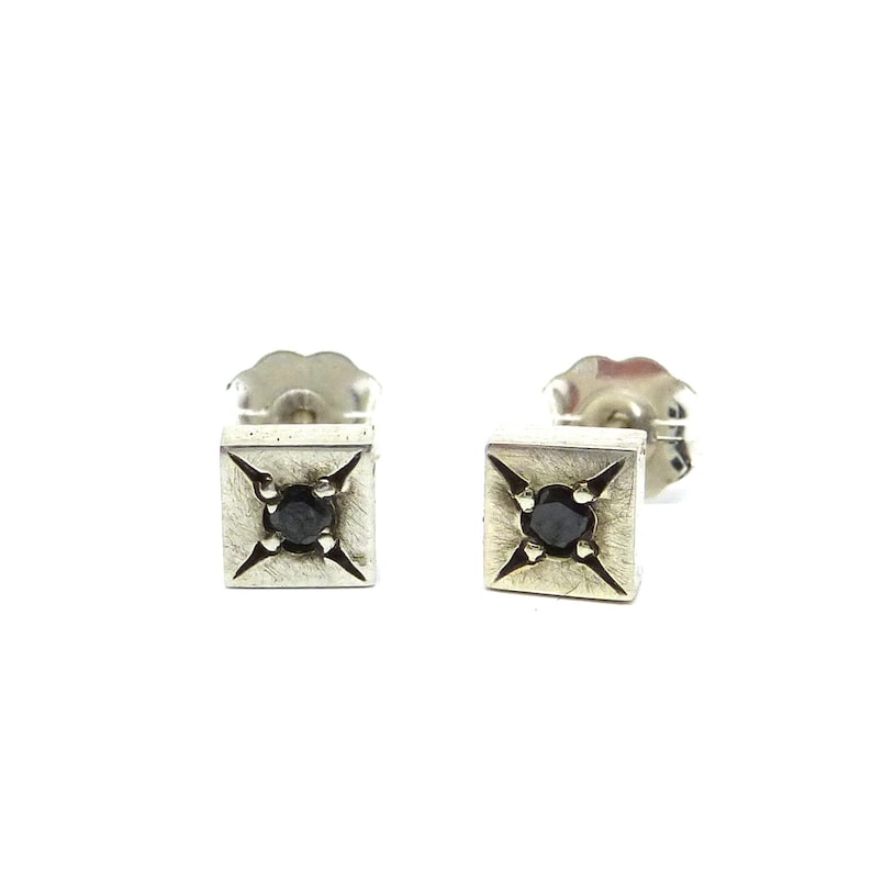 Star Set Black Diamond Silver Square Studs unisex image 1