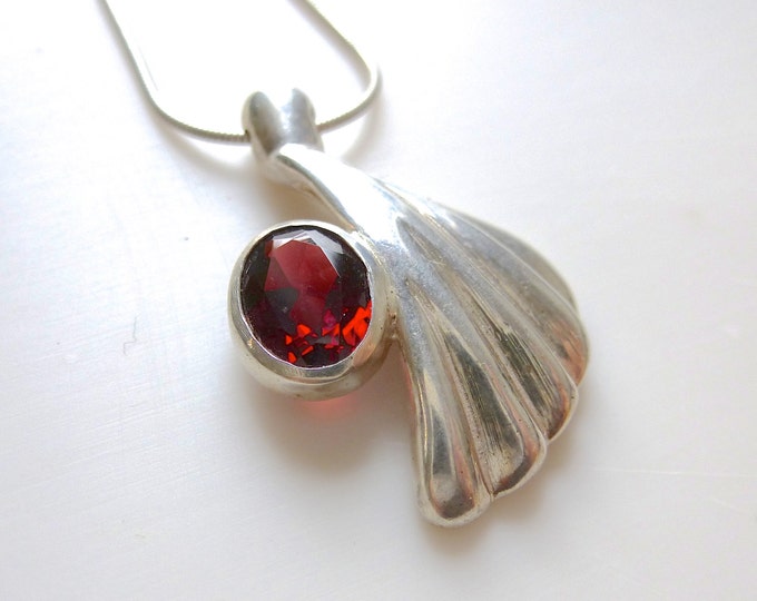 Abstract Sterling Silver Pendant with a Big Red Garnet