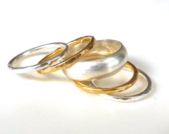 The Ultimate Stack Ring Set // 5 Sterling Silver and Gold Hammered Bands made to order in your size