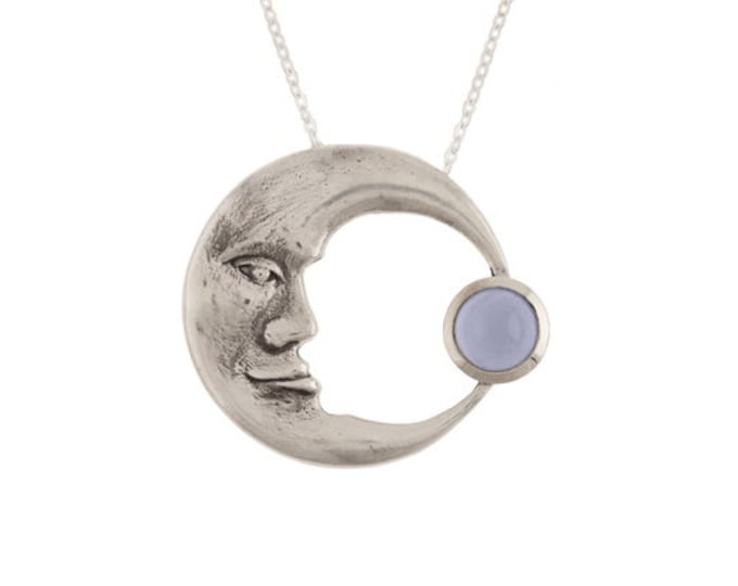 Crescent Moon Pendant- Large Sterling Silver Man in the Moon Necklace with Blue Chalcedony