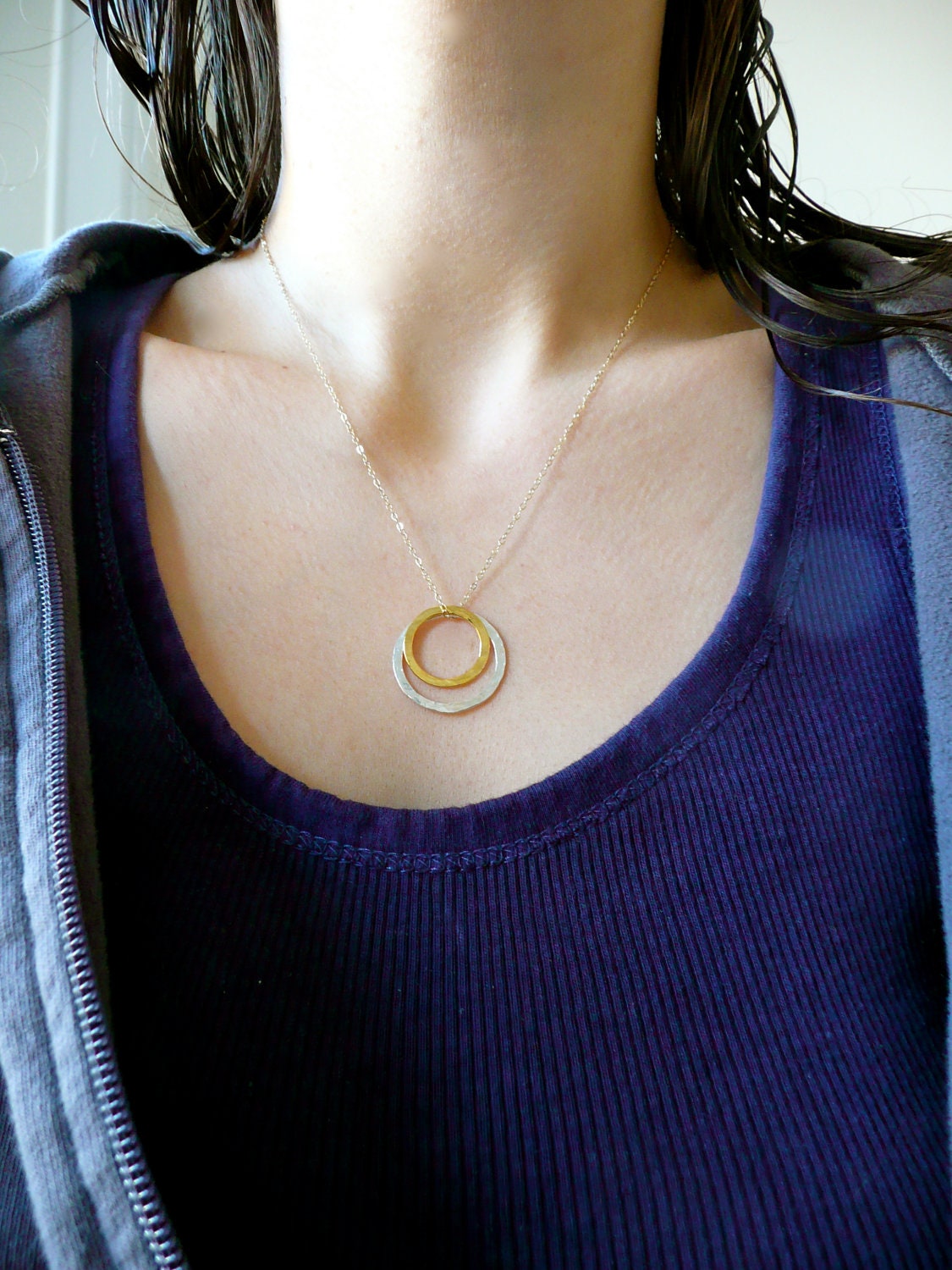 Two Silver and Gold Circles Pendant Necklace