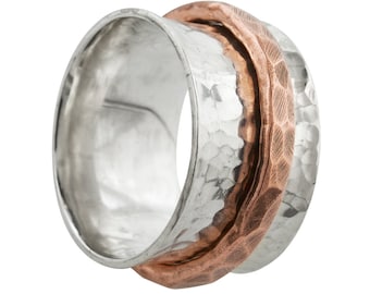 Wide Hammered Silver Spin Ring With Copper Spinner Band // Made to order in your size