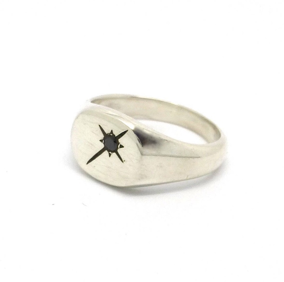 Sterling Silver Black Diamond Pinky Ring, Star Signet