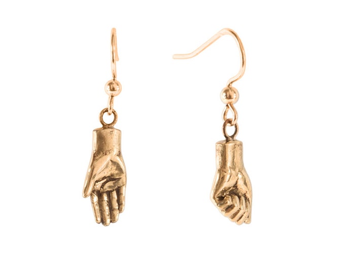Tiny Hand Earrings- Give with your right hand, recieve with your left hand- handcarved brass earrings