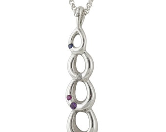 Polished Sterling Silver Drops Pendant Necklace with Sapphires, Ruby, Amethyst and Emerald