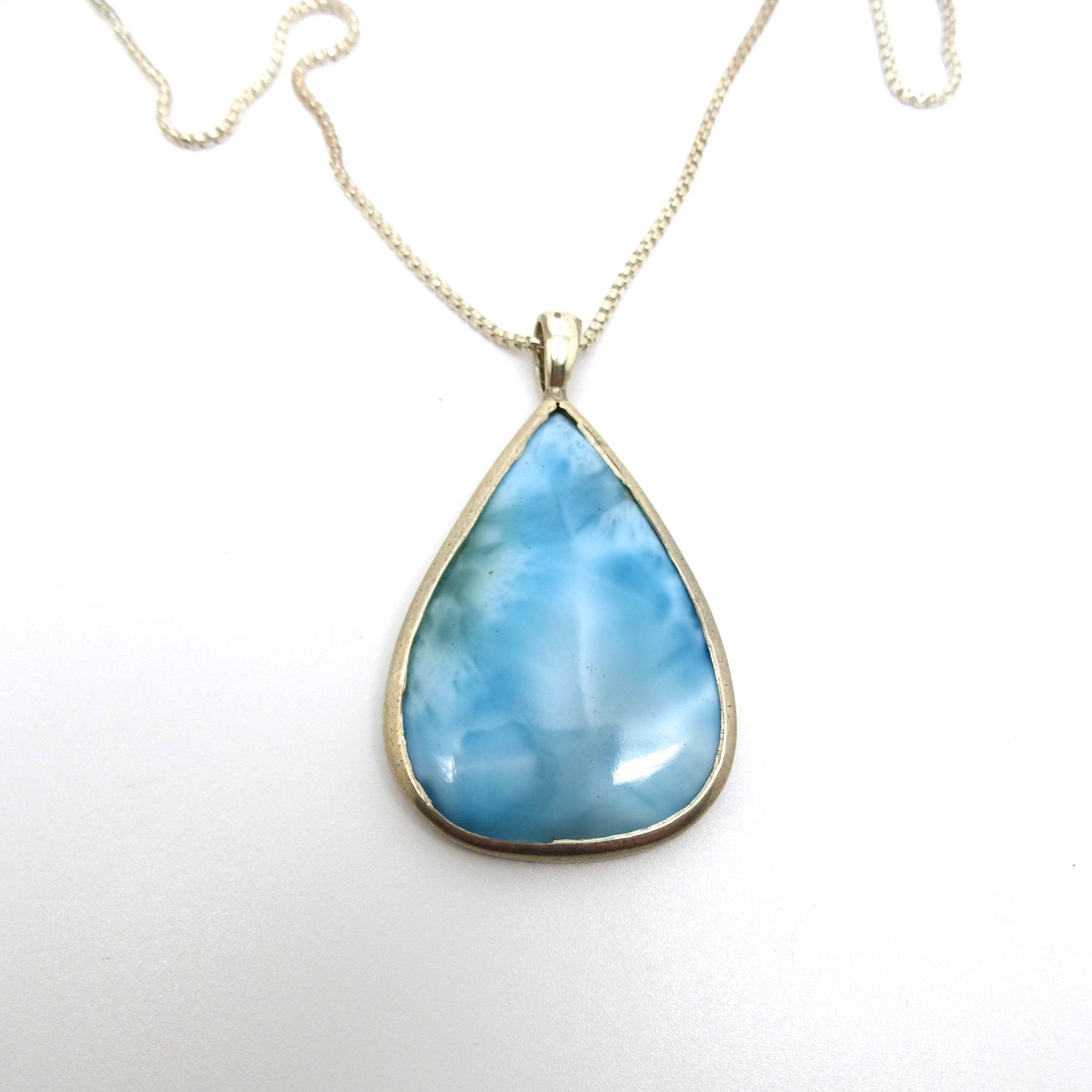 Large Larimar And Sterling Silver Pendant Natural Blue Stone Necklace