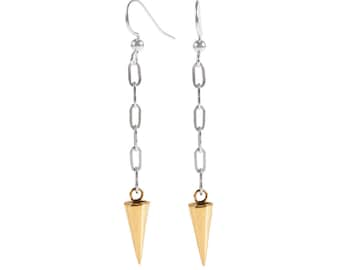 Long Brass Spike and Silver Chain Earrings