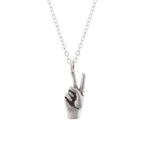 Tiny Peace Sign Hand- Silver Necklace