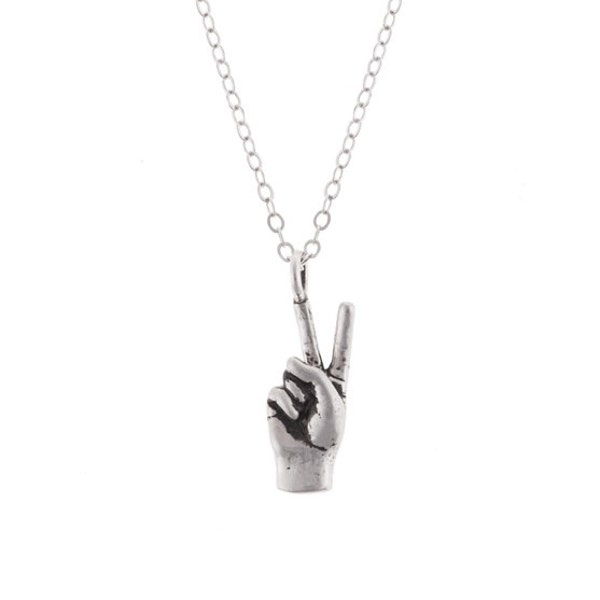 Tiny Peace Sign Hand- Silver Necklace
