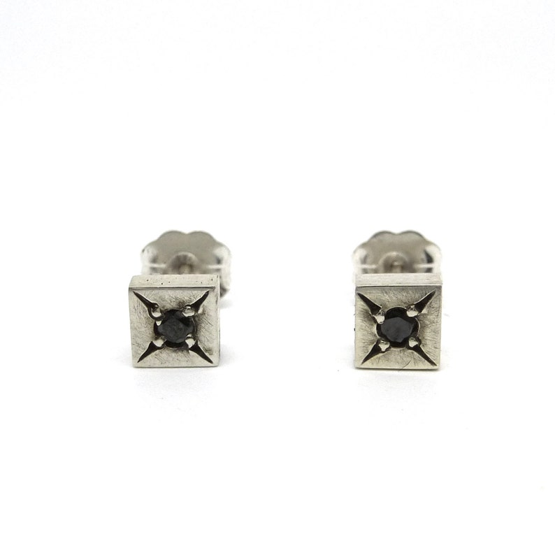 Star Set Black Diamond Silver Square Studs unisex image 2