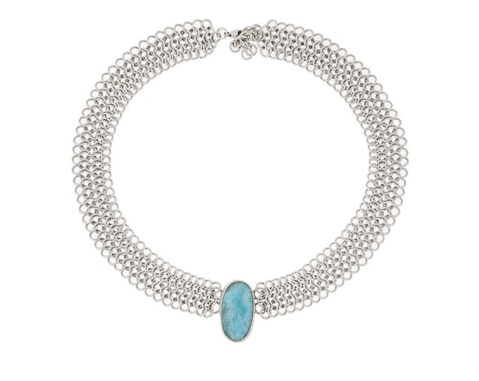 Sterling Silver Chainmaille Collar Necklace with Larimar- Handwoven Chain with Handset Natural Blue Stone- One of a Kind