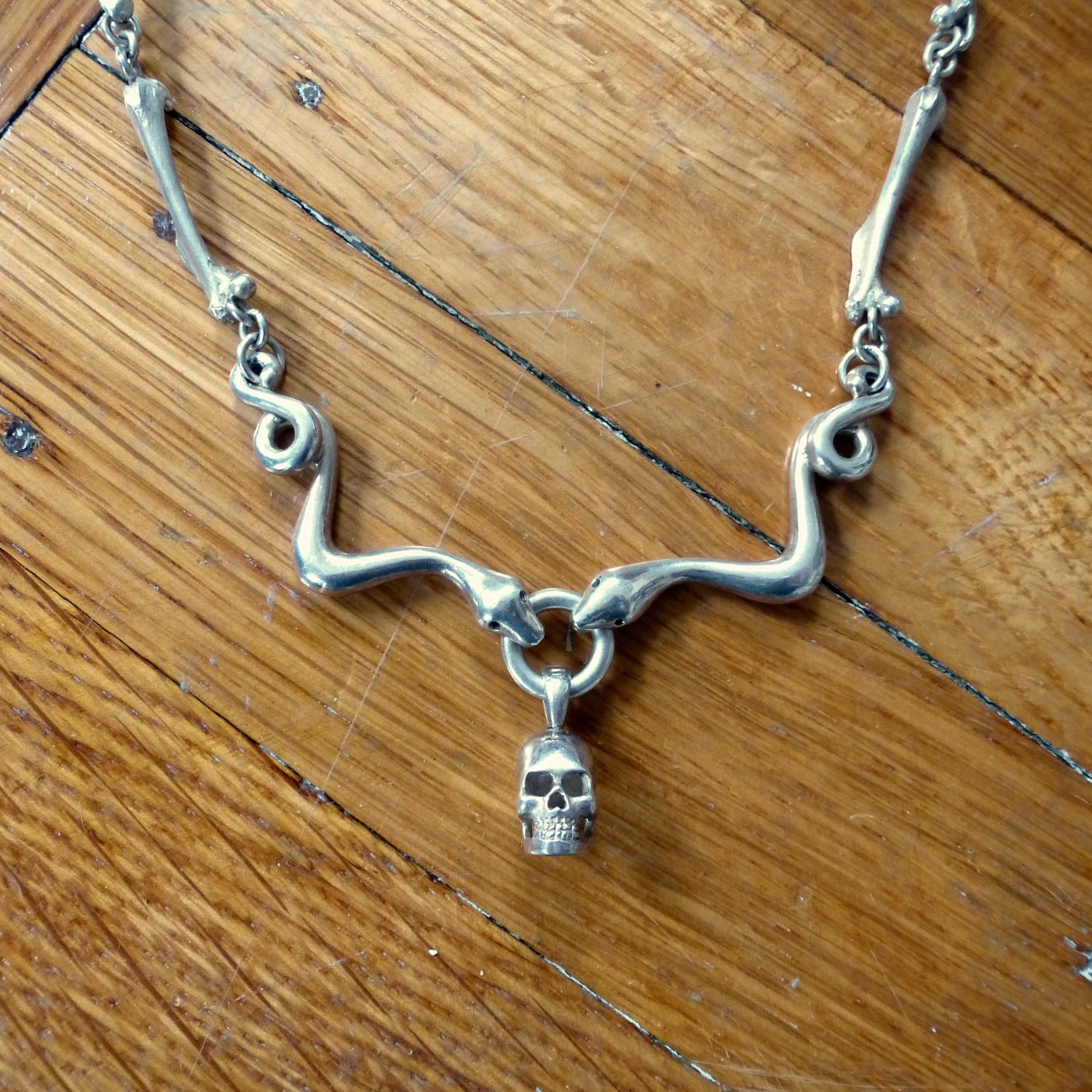 Snakes, Skull and Bones Necklace in Sterling Silver with Rubies // Unisex