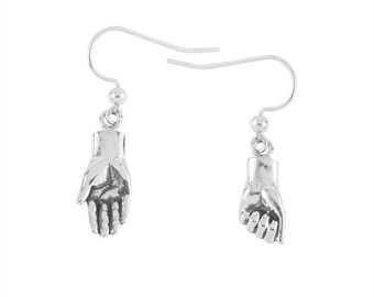 Tiny Hand Earrings- Give with your right hand, recieve with your left hand- handcarved sterling silver earrings