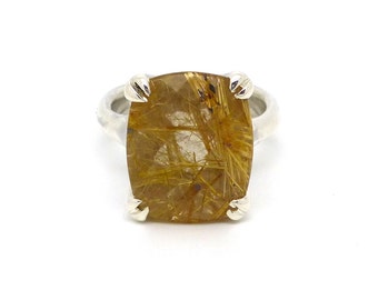 Big Bling Stone Ring// Sterling Silver and Rutilated Quartz // Hand Carved One of a Kind Cocktail Ring