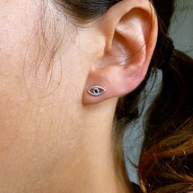Evil Eye Stud Earrings // Sterling Silver with Blue Sapphires Etsy