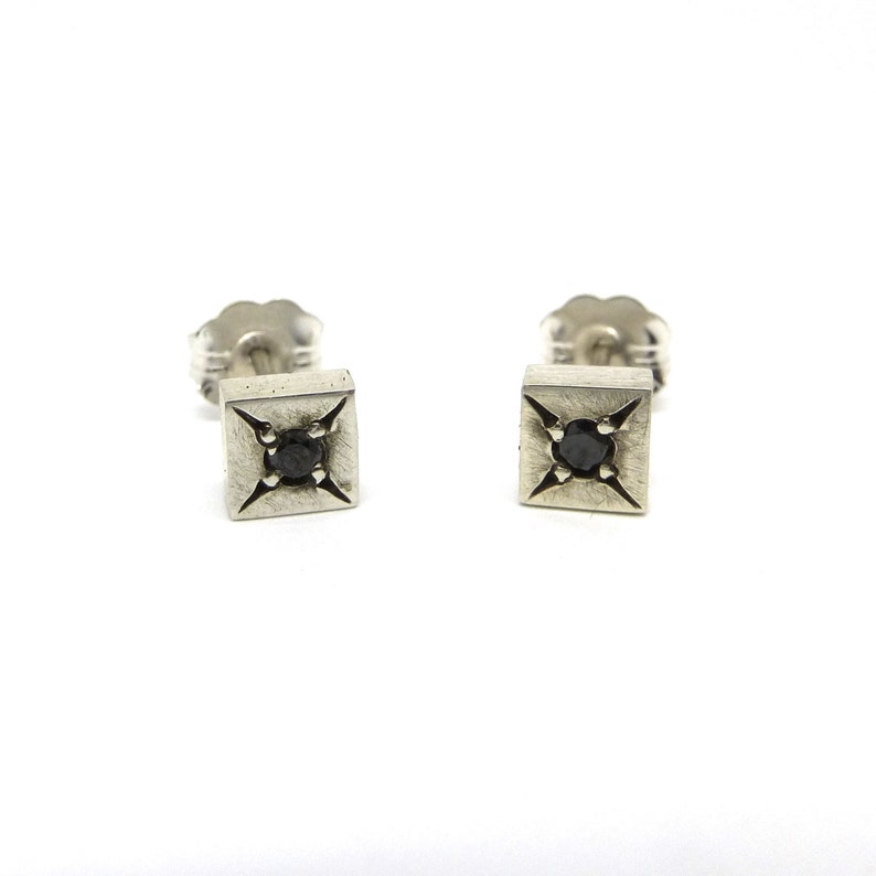 Star Set Black Diamond Silver Square Studs unisex image 4