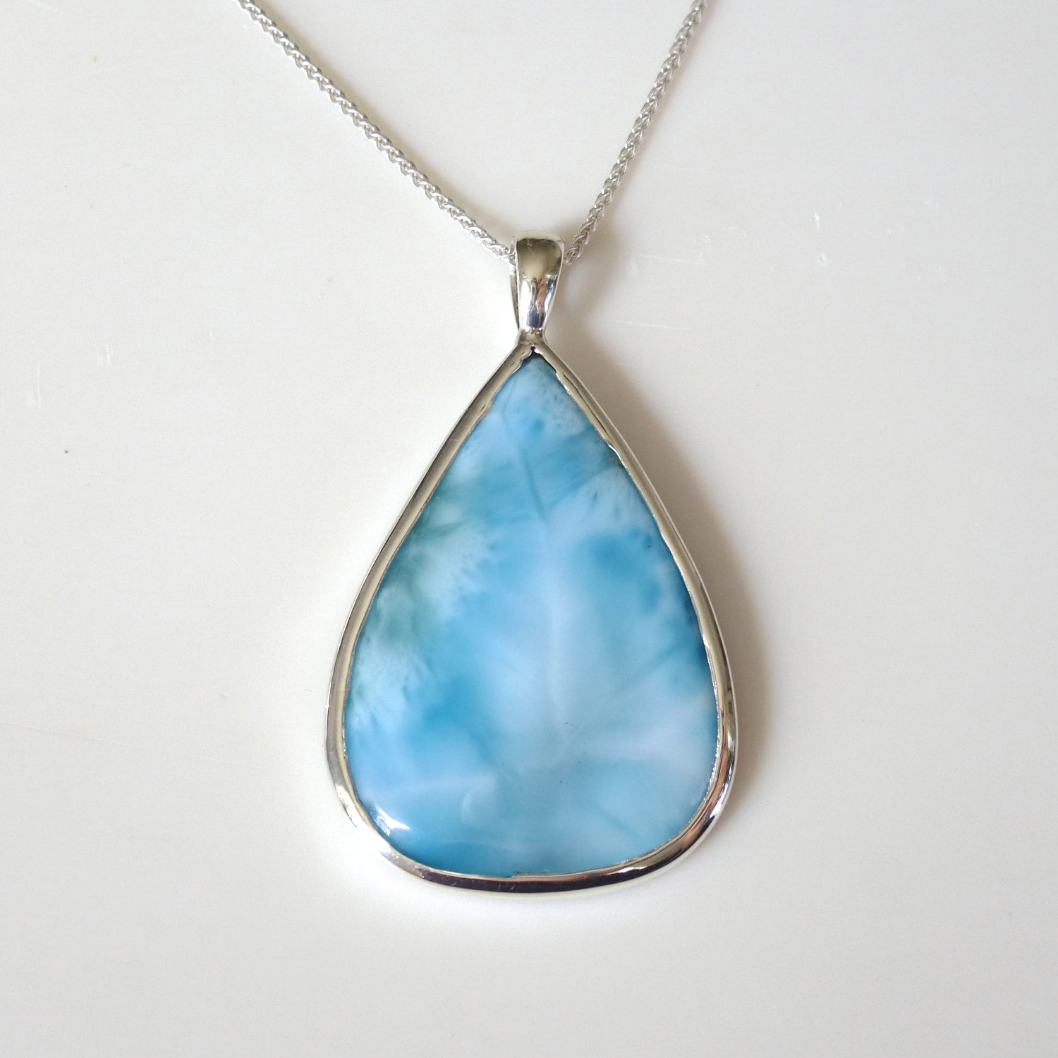 Large Larimar and Sterling Silver Pendant // Natural Blue Stone Necklace