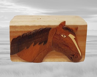 Horse Head: Carver Dan's hand-crafted wooden keepsake gift box. A puzzle box with a secret compartment. BPL-0100