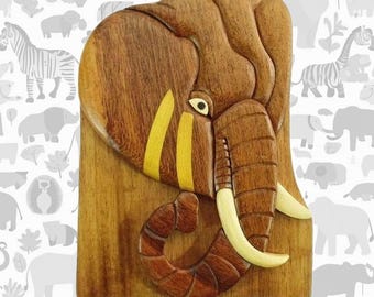 Carver Dan's - Elefante, una caja de regalo de madera hecha a mano. Una caja rompecabezas con un compartimento secreto. BPL-0175