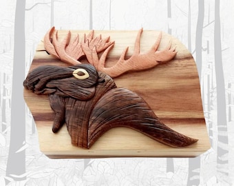 Caja de regalo de madera artesanal con forma de alce de Carver Dan's. Caja con compartimento secreto. BPL-0104
