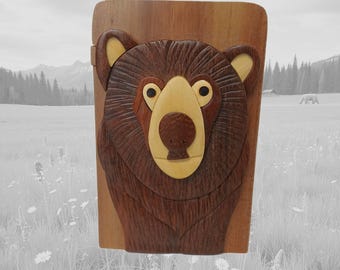 Bear Head:  Carver Dan's handcrafted wooden keepsake gift box. A puzzle box with a secret compartment. BPL-0009