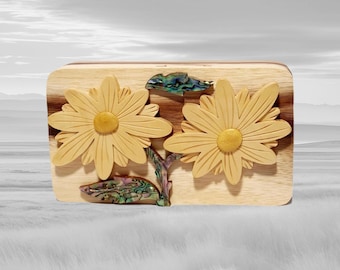 Carver Dan's - Margaritas con incrustación de abulón, una caja de regalo de recuerdo de madera hecha a mano. Una caja de rompecabezas con un compartimento secreto. SBPL-0003