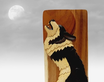 Howl at the Moon: Carver Dan's hand-crafted wooden keepsake gift box. A puzzle box with a secret compartment. BPL-0101