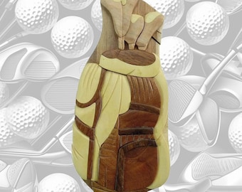 Golf Bag: Carver Dan's hand-crafted wooden keepsake gift box. A puzzle box with a secret compartment. BPL-0038
