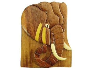 Carver Dan's - Elefante, una caja de regalo de madera hecha a mano. Una caja rompecabezas con un compartimento secreto. RPL-0025