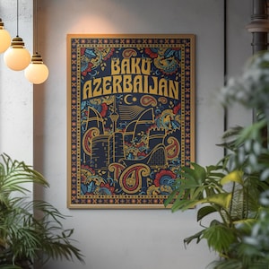 Arte mural de Bakú, impresión de Azerbaiyán, acuarela de Azerbaiyán, regalo de Bakú, Azerbaiyán, impresión de viaje, decoración del hogar del Cáucaso (SOLO PÓSTER)