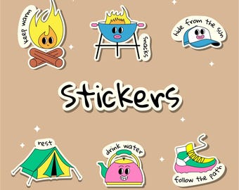 May include: A collection of cartoon-style stickers with a camping theme. The stickers include a campfire, grill, baseball cap, tent, kettle, and hiking boot. The word "Stickers" is in the center. Each sticker has a unique phrase.