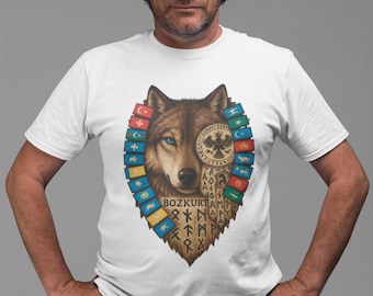 Bozkurt Grey Wolf T-Shirt, Turkic States Göktürk Runic Design, Pan-Turkism Oghuz Khan, Tengrism Flags Tee,  Nomad Empire Shirt