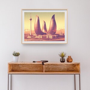 Baku travel print - Azerbaijan, Baku travel poster, Azerbaijan travel poster, Azerbaijan cityscape wall, Baku Flame Towers