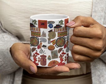 Tazza con icone di viaggio in Spagna / Paella spagnola - Toro Flamenco - Tazza in ceramica souvenir della Spagna