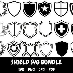 May include: A collection of eighteen black and white shield icons arranged in three rows. The designs include various shapes, some featuring internal symbols like a star, a cross, a checkmark, or crossed swords, and others surrounded by laurel wreaths.