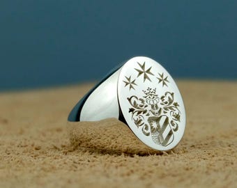Custom Made Family Crest Signet Ring, Personalized Coat of Arms Ring, Religious Silver Ring, Religious Gift, Initial Signet Ring