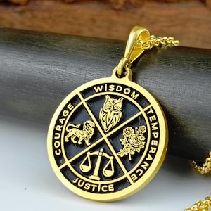 Weisheit, Gerechtigkeit, Mäßigkeit, Mäßigung, Tugenden Halskette, Tugenden Silber Stoa Anhänger - Memento Mori, Amor Fati, Die Kardinaltugenden