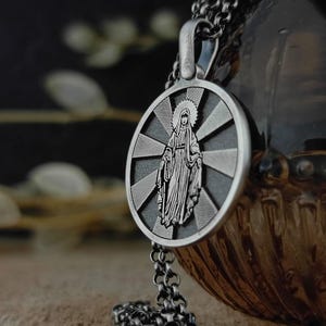 Handmade The Miraculous Medal Necklace, Personalized Silver Our Lady of Graces Pendant, Virgin Mary Pendant, Religious Christian Silver Gift