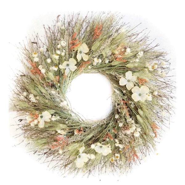 Apricot rose and flowering dogwood wreath. -Our signature Giving back to Moms event wreath now through Mothers Day -22 inch
