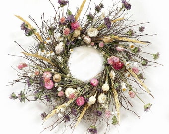 Nest of flowers, dried floral spring wreath for front door