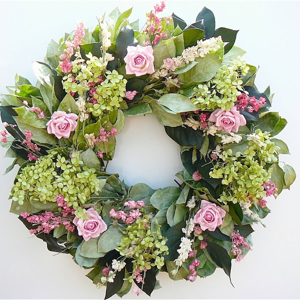 Mama's Garden Pink Rose and Hydrangea spring Wreath - handmade in the USA